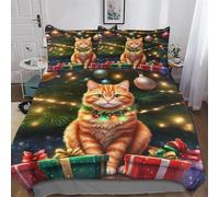 LLXXHH Christmas Cat Bedding Set for Girls Boys Adults Comforter Cover Soft Duvet Cover 2 PCs Set Microfiber Quilt Cover Single(135x200cm)