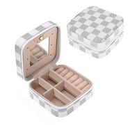 LLXYWJ Round Jewelry Box with Mirror Jewelry Organizer Display Travel Jewelry Case Boxes Portable Pu Leather Storage Zipper Jewelers (Pink) (Grid White Square)