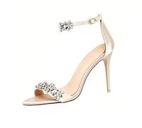LLXYYD Rhinestone Embellished Ankle Strap Heels, Women's Open Toe Satin Stiletto Sandals, For Bridal Evening Formal Events(B,4.5 UK)