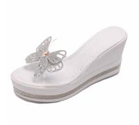 LLXYYD Women's Rhinestone Butterfly Wedge Slide Sandals, Slip on Chunky Height Increasing Casual Summer Beach Slippers(A,3 UK)