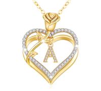 llyish Gold Initial Necklace for Women A-Z Capital Letter Heart Necklace with Rose Flower Pendant Real 925 Sterling SilverJewellery for Women Gifts for Her Girlfriend Wife Girls Birthday Presents