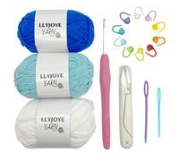 LLYJOYE 3 Pack Cotton Yarn for Crochet, 48g/100m Skein with Hook & Tools, Crochet Yarn Kit for Beginners, Crocheting Granny Squares, Amigurumi, Blanket