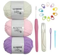 LLYJOYE Crochet Yarn Kit for Beginners, 3 x 48g Cotton Yarn with Hook and Tools, for Crocheting Amigurumi & Granny Squares & Baby Clothes, White Pink Purple