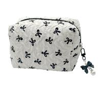 LLYJOYE Makeup Bag, Travel Make Up Bag for Women Girls, Quilted Cosmetic Bag with Bow Pearl Pendant, Zipper Toiletry Wash Bag Organizer