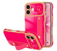 LLZ.COQUE for iPhone 17 Case, Luxury Plating Love-Heart Wave Frame Shape Design, Adjustable Hand Strap Stand Cover, Shockproof Bumper Girls Women Phone Case for iPhone 17, Rose Red