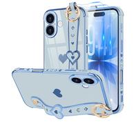 LLZ.COQUE for iPhone 17 Case, Wristband Kickstand Plating Edge Cute Heart with 2× Screen Protectors Phone Case, Adjustable Hand Strap Stand Shockproof Cover for Girls Women, Sky Blue