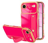 LLZ.COQUE for iPhone Air Case, Luxury Plating Love-Heart Wave Frame Shape Design, Adjustable Hand Strap Stand Cover, Shockproof Bumper Girls Women Phone Case for iPhone 17 Air, Rose Red