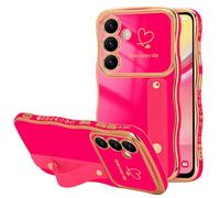 LLZ.COQUE for Samsung Galaxy A15 Case, Love-Heart Curly Wave Frame with Luxury Gold-plated Design Phone Case, Adjustable Hand Strap Stand Shockproof Bumper Cover for Girls Women, Rose Red