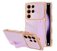 LLZ.COQUE for Samsung Galaxy S23 Ultra Case, Love-Heart Curly Wave Frame with Luxury Gold-plated Design Phone Case, Adjustable Hand Strap Stand Shockproof Bumper Cover for Girls Women, Light Purple