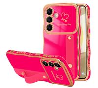 LLZ.COQUE for Samsung Galaxy S24 FE Case, Love-Heart Curly Wave Frame with Luxury Gold-plated Design Phone Case, Adjustable Hand Strap Stand Shockproof Bumper Cover for Girls Women, Rose Red