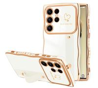 LLZ.COQUE for Samsung Galaxy S24 Ultra Case, Love-Heart Curly Wave Frame with Luxury Gold-plated Design Phone Case, Adjustable Hand Strap Stand Shockproof Bumper Cover for Girls Women, White