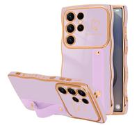 LLZ.COQUE for Samsung Galaxy S25 Ultra Case, Love-Heart Curly Wave Frame with Luxury Gold-plated Design Phone Case, Adjustable Hand Strap Stand Shockproof Bumper Cover for Girls Women, Light Purple