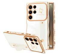 LLZ.COQUE for Samsung Galaxy S25 Ultra Case, Love-Heart Curly Wave Frame with Luxury Gold-plated Design Phone Case, Adjustable Hand Strap Stand Shockproof Bumper Cover for Girls Women, White