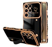 LLZ.COQUE for Samsung Galaxy S25 Ultra Case, Love-Heart Curly Wave Frame with Luxury Gold-plated Design Phone Case, Adjustable Hand Strap Stand Shockproof Bumper Cover for Girls Women, Black