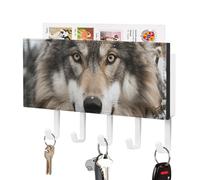 Lmage of Wolf in The Snow Key Holder Wall Mounted, PU Leather Key Hanger with 5 Hooks, Self Adhesive Keys Holder for Entryway, Kitchen, Bathroom Decor