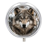 Lmage of Wolf in The Snow Pill Box 3 Compartment Portable Round Pill Organizer Leak-Proof Lightweight Daily Compact Travel Pill Case for Vitamins Supplements Medication