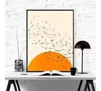 LMAIWANG Japanese Minimalist Houndstooth and Sun Canvas Poster Bird Flying Over The Landscape Wall Art Print Home Deco(70x100cm/Frameless)