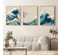 LMAIWANG Japanese Quiet Wave Triptych Abstract Coastal Landscape Poster Decor,Blue Nautical Decor Beach Home Printing(30x45cmx3/Frame)