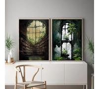 LMAIWANG Old Abandoned Library Gouache Art Prints Dark Academia Posters Botanical Canvas Painting Living Room Wall Decor 40x60cmx2 frame