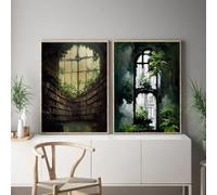 LMAIWANG Old Abandoned Library Gouache Art Prints Dark Academia Posters Post Apocalyptic Botanical Canvas Painting Decor(80x120cmx2/Internal Frame)
