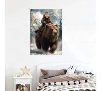 LMAIWANG Personalized Kid Riding a Grizzly Bear Poster, Custom Cartoon Portrait, Traveler Room Nursery Wall Art Decor, Canvas Print(40x60cm/Frameless)