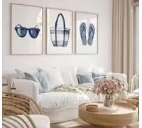 LMAIWANG Summer Accessories: Beach Bag, Flip Flops in Navy Blue, Coastal Beachy Decor Watercolor Art Canvas Painting(40x60cmx3/Frame)
