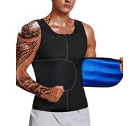 LMCOB Sauna Vest for Men Waist Trainer Vest with Zipper Workout Sauna Suit with Adjustable Waist Trimmer Belt, Blue Lining, L