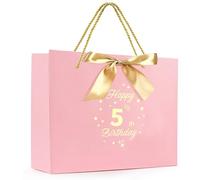 LMDLDNYT Gift Bag, 5th Birthday Souvenir Bag, with Handles and Ribbon for 5 Year Old Gilrs Gift Wrapping, Kids Baby Paper Gift Bags, Pink and Gold Party Decorations Supplies