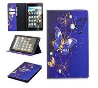 LMFULM® Case for Amazon Kindle Fire HD8 2016/2017 (8.0 Inch) PU Leather Case Sleep/Wake Function Dreamy Blue Butterfly Pattern Stent Function Holster