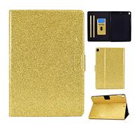 LMFULM® Case for Apple iPad 7th/8th/9th Gen 2019-2021 (10.2 Inch) PU Leather Case Protective Shell with Sleep/Wake Stand Shining Flip Cover Glitter Sparkle Gold
