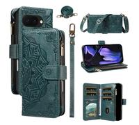 LMFULM® Case for Google Pixel 10a (GE1GQ, GV0BP, G4H7L) (6.3 Inch) PU Leather Cover Lanyard Zipper Card Slots Wallet Mandala Print Shoulder Bag Stand Phone Protective Case Green