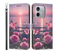 LMFULM® Case for Honor 600 Lite/ 500 Smart LNA-NX1 (6.6 Inch) PU Leather Cover Lanyard Wallet Phone Protective Case Rose Butterfly Pattern Stand Function Book Style Holster
