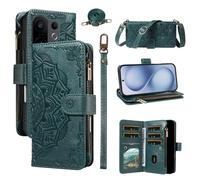 LMFULM® Case for Honor X6d LNA-NX1 (6.75 Inch) PU Leather Cover Lanyard Zipper Card Slots Wallet Mandala Print Shoulder Bag Stand Phone Protective Case Green