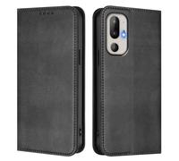 LMFULM® Case for HTC U24 Pro (6.8 Inch) PU Leather Case Magnetic Adsorption Phone Protective Cover with Stand Retro Holster Anti-Theft Brush Wallet Black