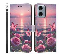LMFULM® Case for Motorola Moto G05/ E15 XT2523 (6.67 Inch) PU Leather Cover Lanyard Wallet Phone Protective Case Rose Butterfly Pattern Stand Function Book Style Holster