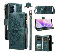 LMFULM® Case for OnePlus Nord N20 SE CPH2469 (6.56 Inch) PU Leather Cover Lanyard Zipper Card Slots Wallet Mandala Print Shoulder Bag Stand Phone Protective Case Green
