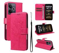 LMFULM® Case for Realme 14 / 14T (RMX5070, RMX5078) (6.67 Inch) PU Leather Cover Wallet Phone Protective Case Embossing Tree and Cat Pattern Stand Flip Case Holster Case Rose Red