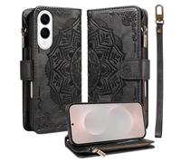 LMFULM® Case for Samsung Galaxy S25 Edge/SM-S937 (6.66 Inch) PU Leather Cover Lanyard Zipper Card Slots Wallet Mandala Print Shoulder Bag Stand Phone Protective Case Black