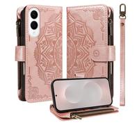 LMFULM® Case for Samsung Galaxy S25 Edge/SM-S937 (6.66 Inch) PU Leather Cover Lanyard Zipper Card Slots Wallet Mandala Print Shoulder Bag Stand Phone Protective Case Rose Gold