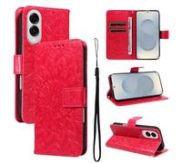 LMFULM® Case for Samsung Galaxy S25 Edge/SM-S937 (6.66 Inch) PU Leather Cover Wallet Phone Protective Case Embossing Sunflower Pattern Stand Function Flip Case Holster Case Red