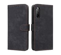 LMFULM® Case for Sony Xperia 10 II XQ-AU51/ XQ-AU52/ SO-41A (6.0 Inch) PU Leather Case Magnetic Phone Protective Cover with Stand Holster Anti-Theft Brush Wallet Retro Scrub Black