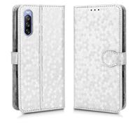 LMFULM® Case for Sony Xperia 10 III SO-52B/ SOG04/ XQ-BT52 (6.0 Inch) PU Leather Case Magnetic Phone Protective Cover with Stand Wallet Holster Polka Dot Texture Silver