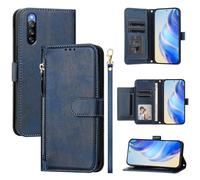 LMFULM® Case for Sony Xperia 10 IV XQ-CC54/ XQ-CC72/ SOG07 (6.0 Inch) PU Leather Case Zipper Wallet Holster Lanyard Design Stent Protective Cover Multi Card Slots Magnetic Shell Blue