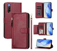 LMFULM® Case for Sony Xperia 10 IV XQ-CC54/ XQ-CC72/ SOG07 (6.0 Inch) PU Leather Case Zipper Wallet Holster Lanyard Design Stent Protective Cover Multi Card Slots Magnetic Shell Red