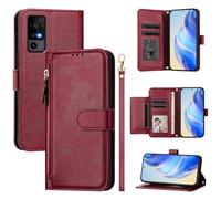 LMFULM® Case for TCL 40R T771K (6.6 Inch) PU Leather Case Zipper Wallet Holster Lanyard Design Stent Protective Cover Multi Card Slots Magnetic Shell Red