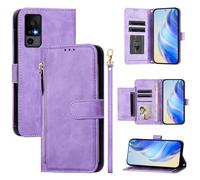 LMFULM® Case for TCL 40R T771K (6.6 Inch) PU Leather Case Zipper Wallet Holster Lanyard Design Stent Protective Cover Multi Card Slots Magnetic Shell Purple