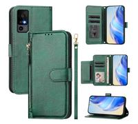 LMFULM® Case for TCL 40R T771K (6.6 Inch) PU Leather Case Zipper Wallet Holster Lanyard Design Stent Protective Cover Multi Card Slots Magnetic Shell Green