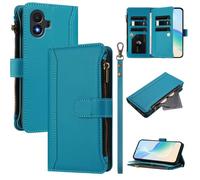 LMFULM® Case for TCL K70 SE 4G T453D (6.56 Inch) Lanyard PU Leather Case Zipper Wallet Holster Stent Nine Card Slots Phone Protective Cover Lake Blue