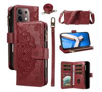 LMFULM® Case for Vivo Y29 4G/ T4x (V2434, V2437) (6.72 Inch) PU Leather Cover Lanyard Zipper Card Slots Wallet Mandala Print Shoulder Bag Stand Phone Protective Case Red