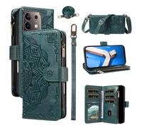 LMFULM® Case for Vivo Y29 4G/ T4x (V2434, V2437) (6.72 Inch) PU Leather Cover Lanyard Zipper Card Slots Wallet Mandala Print Shoulder Bag Stand Phone Protective Case Green